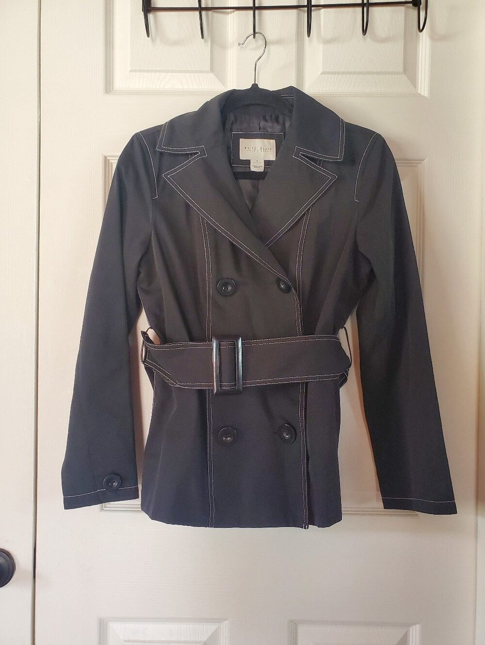WHBM The Trench Classic Black Jacket Contrast Stitching Belted Peak Lapel Small
